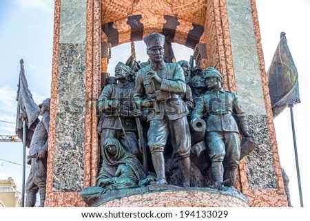 ISTANBUL, TURKEY - SEPTEMBER 28, 2013: Republic Monument on Taksim Square is a major tourist attraction.