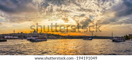 ISTANBUL, TURKEY - SEPTEMBER 28, 2013: Panorama of Istanbul from the Galata Bridge towards Golden Horn Metro Bridge.