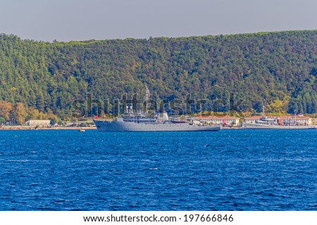 ISTANBUL, TURKEY - SEPTEMBER 29: TCG Cesme A599 battleship of Turkish army in the Bosphorus. Class survey ship transfered in 1999 from US army called USNS Silas Bent.