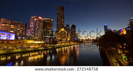MELBOURNE, AUSTRALIA - MARCH 21, 2015: Southbank high skylines and buildings, one of the primary business centers and also one of the most densely populated areas at twilight.