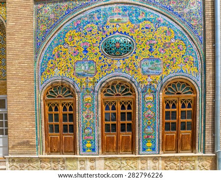 Windows and colorfull tiles of Golestan Palace former royal Qajar complex in capital city. Tehran, Iran.