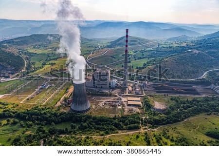 Helicopter shoot of the thermal power plant Pljevlja, only coal-fired power station in Montenegro.