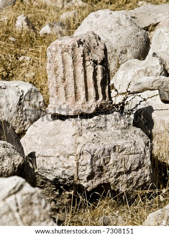 Column remains in Roman archaeological site in Amman Jordan.  Al-Qasr archaeological site.
