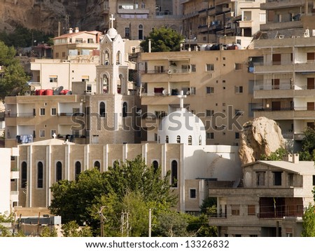 Syrian town with mosque and church