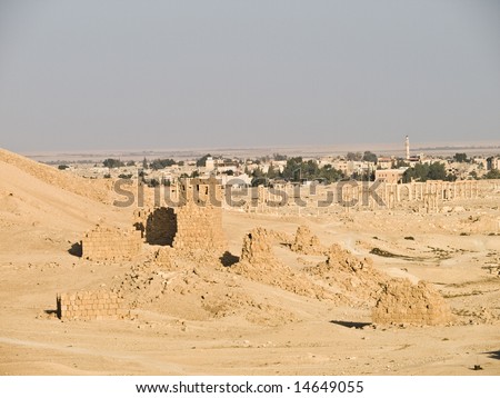 Palmyra panorama - Tombs in Ancient Roman time town in Palmyra (Tadmor), Syria. Ancient Period.