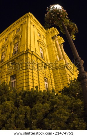 Old theater building in a Zagreb, Croatia, Europe. Very long exposure by night with fish eye lenses