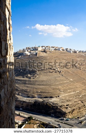 View from top of the crusader castle Kerak (Al karak) to the king\'s road and near by village. Jordan