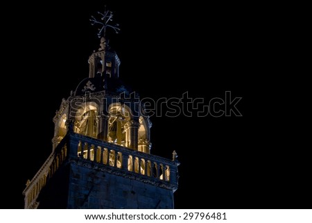 Cathedral bell tower in old medieval town Korcula  by night. Croatia, Europe.