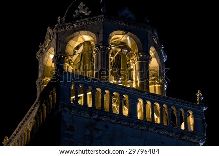 Cathedral bell tower in old medieval town Korcula  by night. Croatia, Europe.