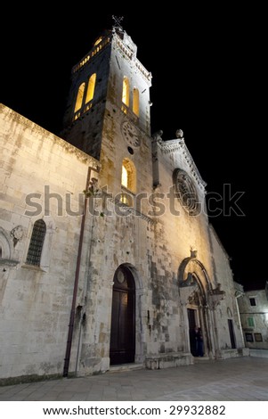 Main square with cathedral in old medieval town Korcula  by night. Croatia, Dalmatia region, Europe.