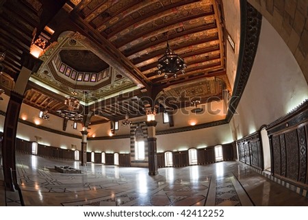 Famous fortress and citadel in Aleppo, Syria. Main hall made by Turkish Mamelukes. Mamluks made all engravings in the wood.
