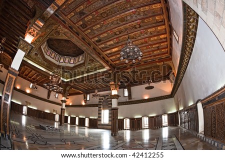 Famous fortress and citadel in Aleppo, Syria. Main hall made by Turkish Mamelukes. Mamluks made all engravings in the wood.