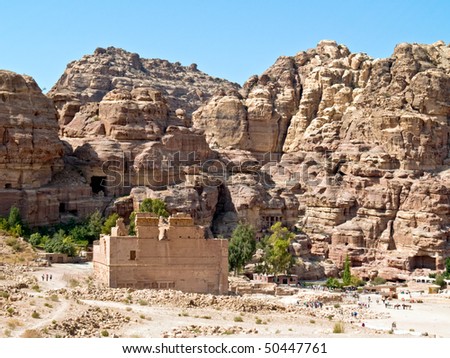 Panorama detail in Petra, Jordan. View to the temple Qasr Al-Bint. Nabataeans capital city (Al Khazneh). Made by digging the rocks. Roman Empire period.