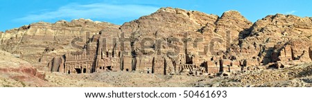Petra panoramic view - Nabataeans capital city (Al Khazneh) , Jordan. Made by digging a holes in the rocks. Roman Empire period.