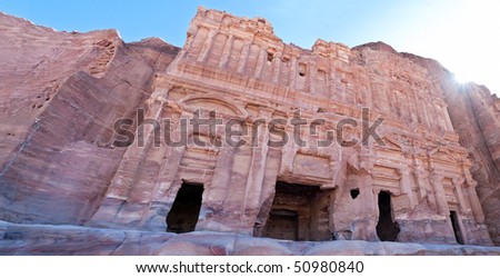 Petra panoramic view - Nabataeans capital city (Al Khazneh) , Jordan. Made by digging a holes in the rocks. Roman Empire period. Palace tomb.