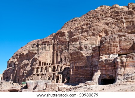 Petra panoramic view - Nabataeans capital city (Al Khazneh) , Jordan. Made by digging a holes in the rocks. Roman Empire period. Urn tomb detail.