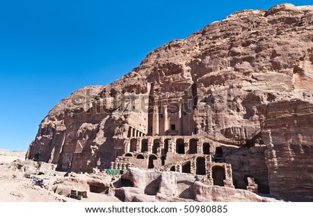 Petra panoramic view - Nabataeans capital city (Al Khazneh) , Jordan. Made by digging a holes in the rocks. Roman Empire period. Urn tomb detail.