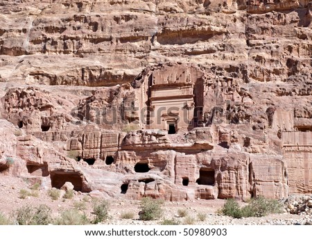 Petra panoramic view - Nabataeans capital city (Al Khazneh) , Jordan. Made by digging a holes in the rocks. Roman Empire period. Tombs in street of facades.
