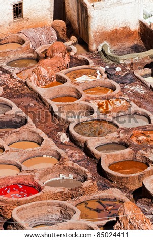 Manufactures - Fes (Fez) Morocco. Tanneries for dyeing white leather.