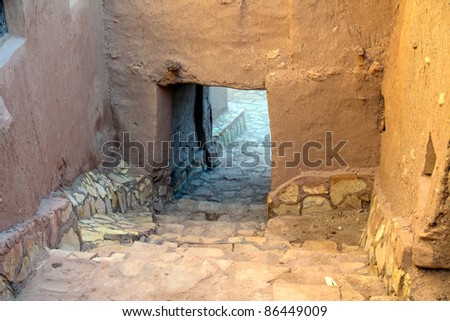 Street detail in fortified City (Ksar) with Mud Houses in the Kasbah Ait Benhaddou near Ouarzazate, Morocco. Souss-Massa-DraÃ¢ region. UNESCO World Heritage Site since 1987