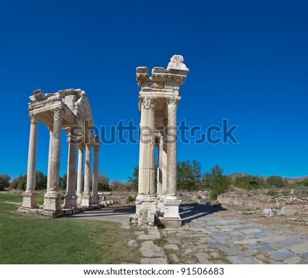 Famous Tetrapylon Gate in Aphrodisias dedicated to Aphrodite built during Hellenic era. In Roman time it was a small city in Caria.