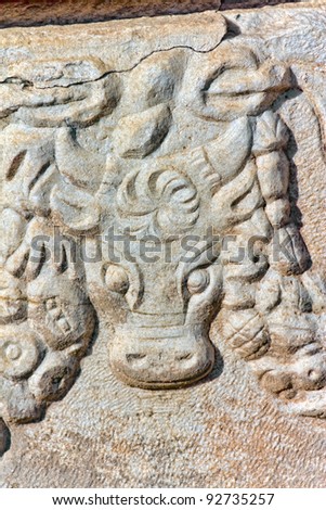 Roman sarcophagus relief detail with animal head in Ephesus (Efes) from Roman time in Turkey.