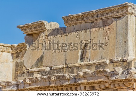 Roman inscription, on a stone in the front of Library of Celsus in Ephesus (Efes).