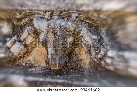 Building relief detail with animal head of architectural frieze in Aphrodisias (Turkey) build during Roman period.