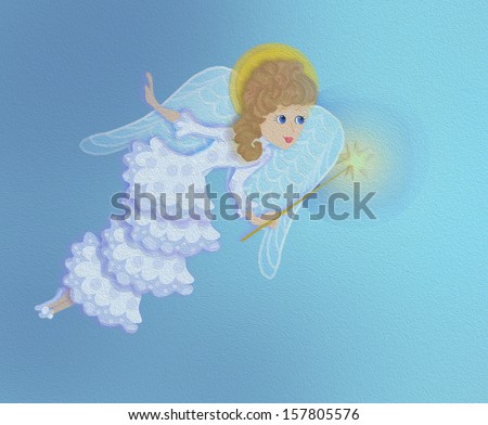angel  scene christmas flying in the sky with a star celestial oil painting