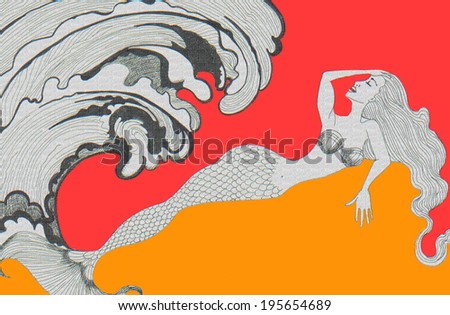Mermaid beautiful young woman  surfing and swimming original illustration