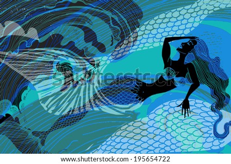 Mermaid beautiful young woman  surfing and swimming original illustration