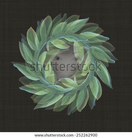 victory fairy face in a laurel wreath  Watercolor art illustration