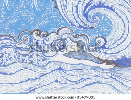 Mermaid little mermaid swimming and surfing  original hand drawn art