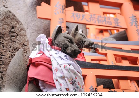 FUSHIMI-INARI TAISHA  APRIL 3: the Japanese fox deity of wealth on April 3, 2010 in Fushimi-ku Kyoto, Japan. Fox representing merchants and manufacturers worship Inari for wealth.