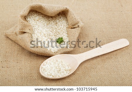 Rice in a bag on sacking.