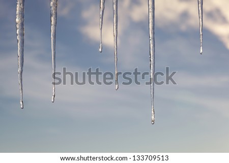 Icicles in the sunny day against a blue sky with white clouds.