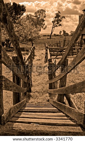 looking down the old sheep loading race or run to the paddocks beyond in sepia