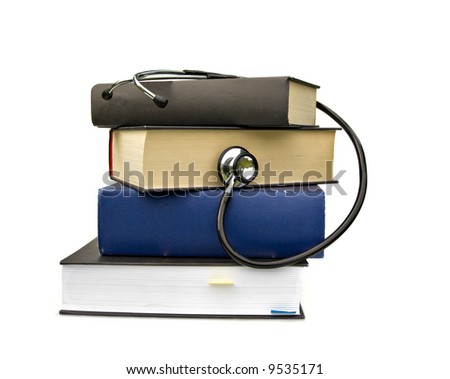 studying medicine or research book with stethoscope on white