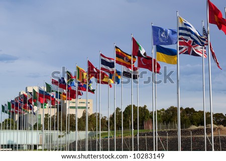 flags of the world flapping in the wind