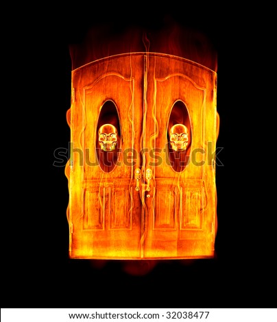 great image of the door to hell in flames with skull motif
