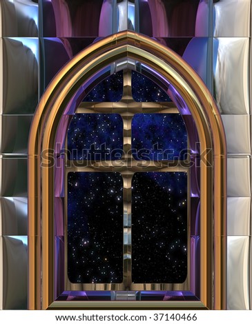 gothic or science fiction window looking into space or starry night sky