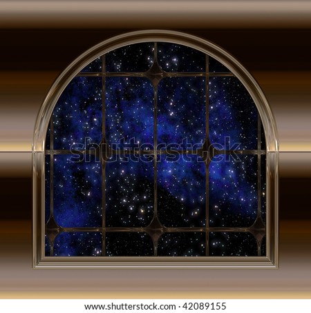 gothic or science fiction window looking into space or starry night sky