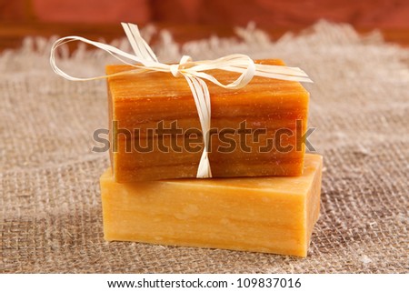 natural flavored handmade soaps on the linen cloth
