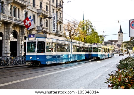 ZURICH-APRIL 21: Electric tram in the city of Zurich, Switzerland on April 21, 2012. Trams have been a consistent part of Zurich\'s streetscape since the 1880s.