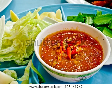 Thai food, spicy crab egg paste with boiled vegetable