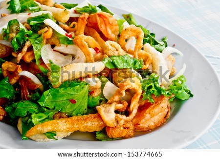 Thai food, seafood spicy salad with cashew nut