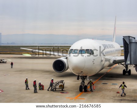 OSAKA-APR 20: The Japan airline commercial aircraft at Kansai international airport in Osaka Japan on April 20, 2014. This airport opened in 1994 to relieve overcrowding at Osaka International Airport
