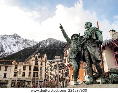 CHAMONIX, FRANCE APRIL 19: Monument of Saussure and Balmat at Chamonix Mont Blanc on April 19, 2012. Chamonix was the site of the 1924 Winter Olympics, the first Winter Olympics.
