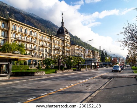 INTERLAKEN APR 13: Five star hotel in Interlaken, Switzerland on April 13, 2011. Interlaken is well-known as the main transport gateway to the mountains and lakes of central Switzerland.