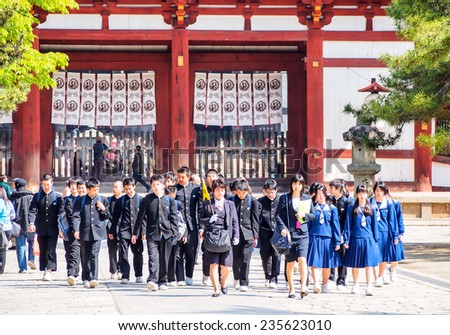 NARA-APR 19: student group at Todaiji temple on April 19, 2014 in Nara, Japan. This temple is the house of the world\'s largest bronze statue of the Buddha known in Japanese simply as Daibutsu.
